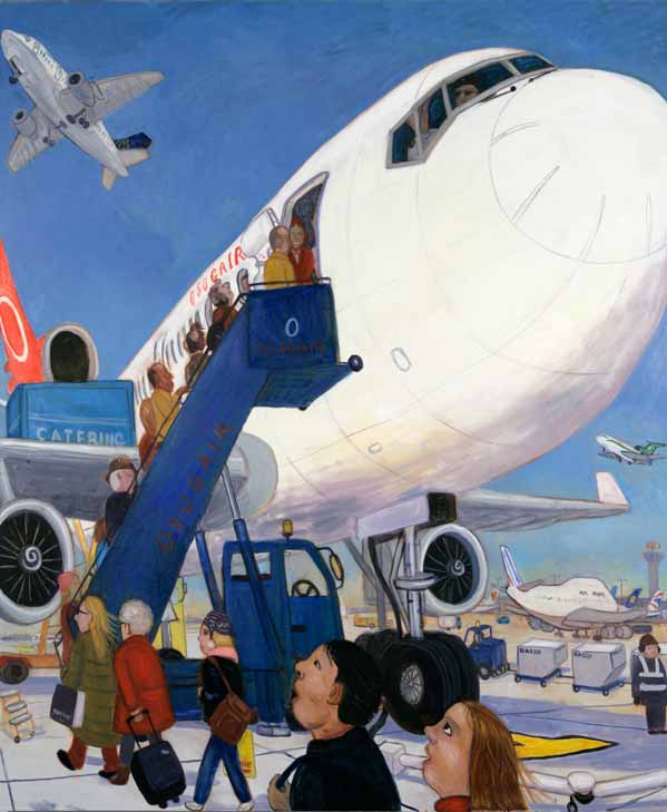 Painting of people boarding an aeroplane
