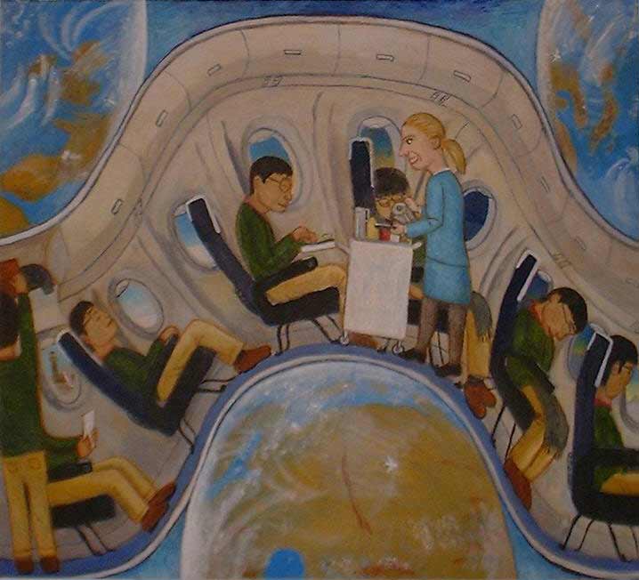 Painting of an aircraft cabin during a flight