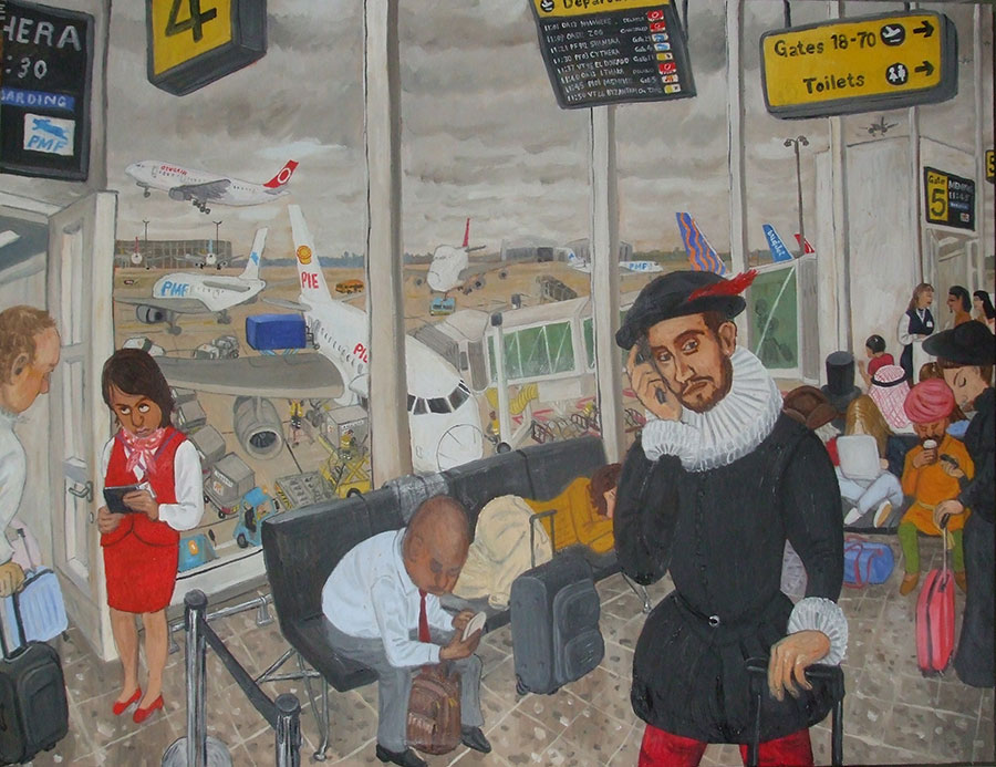 Painting of a departure lounge of a fantasy airport