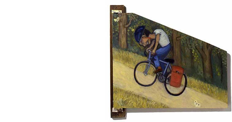 Painting of a cyclist riding up and down a hill