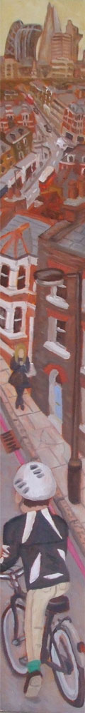 Painting of a man cycling into a city