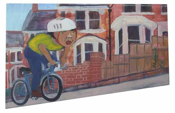 Painting of a cyclist cycling uphill