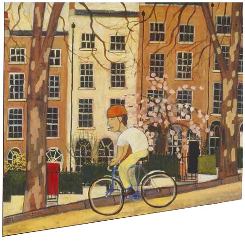 Painting of a cyclist going downhill