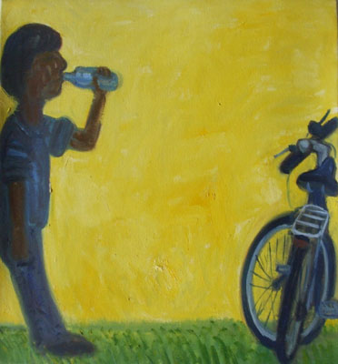 Painting of a man drinking from a bottle next to a bicycle