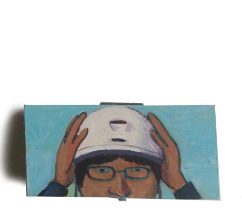 Painting of man with bicycle helmet