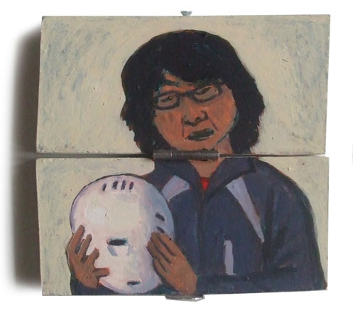 Painting of man with bicycle helmet