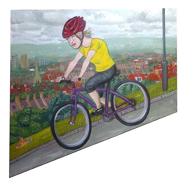 Painting of a woman bicycling downhill