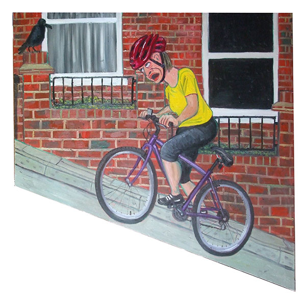 Painting of a woman cycling uphill